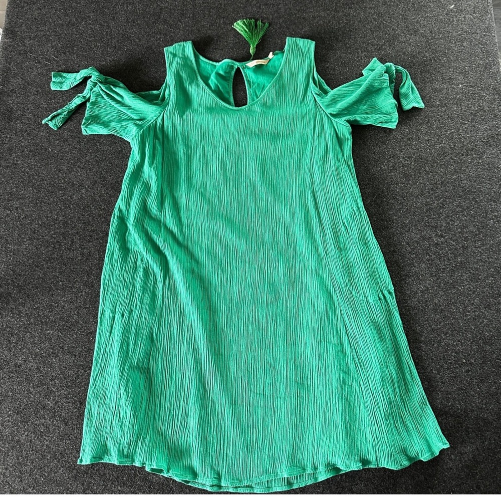 Soft Surroundings Green Crinkle Gauze Cold Shoulder Tassel Shift Dress Womens L